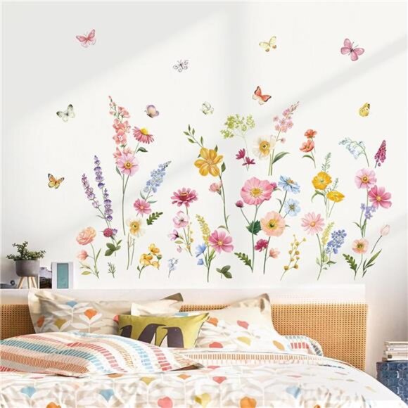 Flower Wall Decals Daisy Butterflies Wildflower Stickers Girls Bedroom Home Deco - Picture 3 of 7